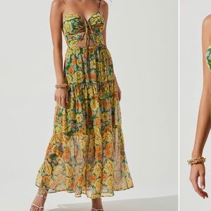 Floral Cinched Front Cutout Maxi Dress - Green yellow mlt flr